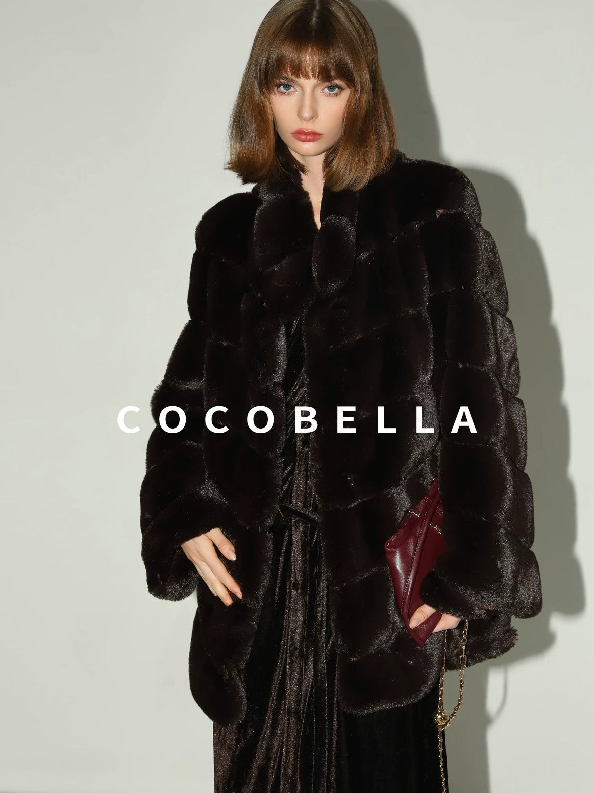 COCOBELLA Warm Faux Fur Mid Length Straight Stand Collar Ladies Commute Coffee Brown Coats