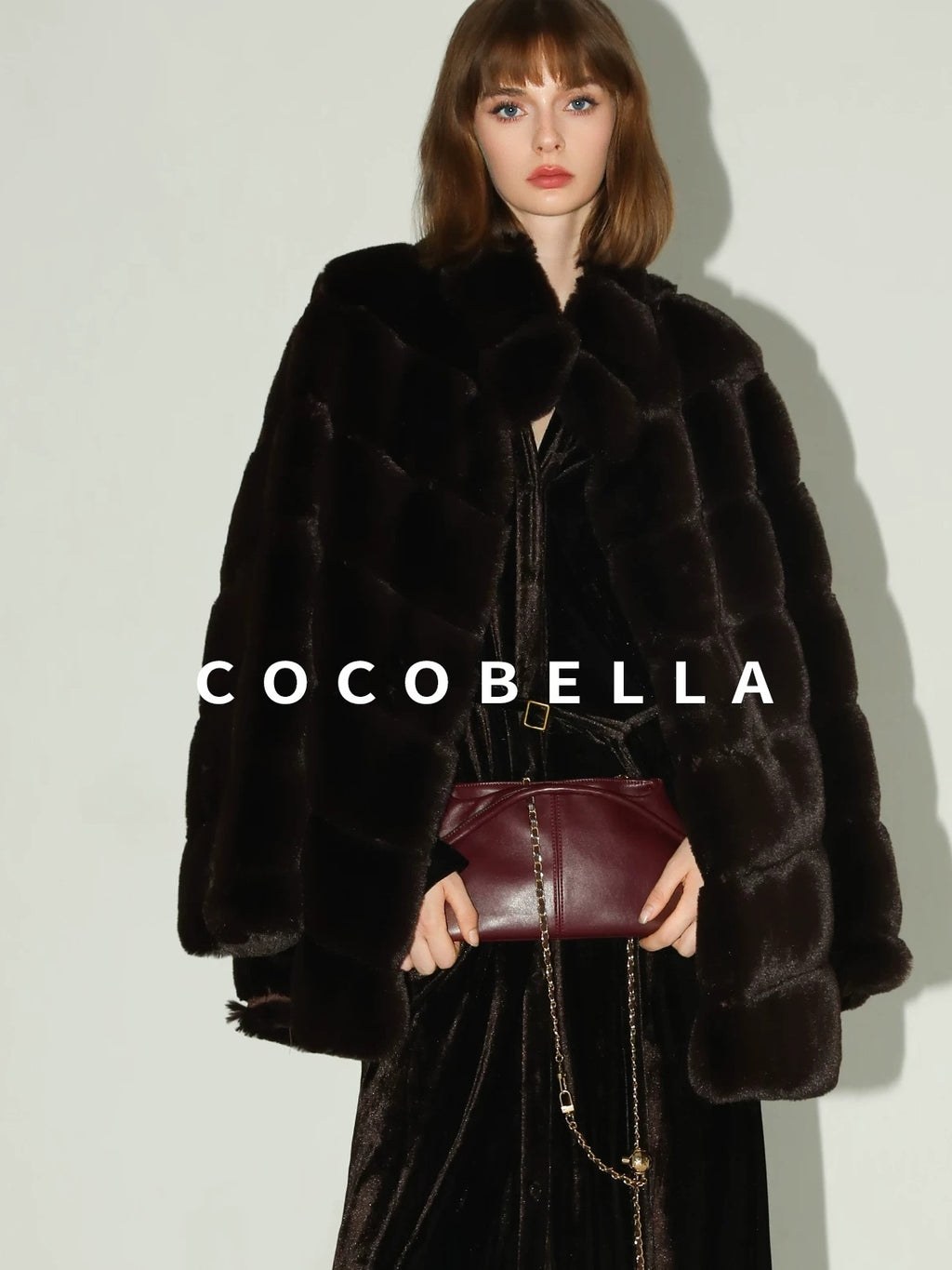COCOBELLA Warm Faux Fur Mid Length Straight Stand Collar Ladies Commute Coffee Brown Coats