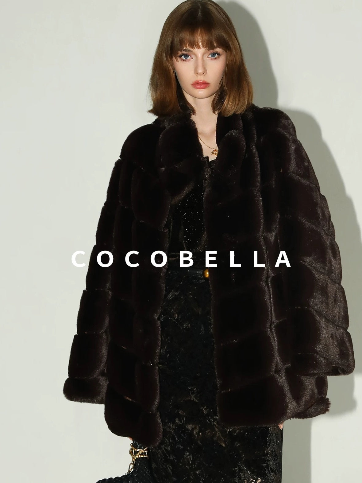COCOBELLA Warm Faux Fur Mid Length Straight Stand Collar Ladies Commute Coffee Brown Coats