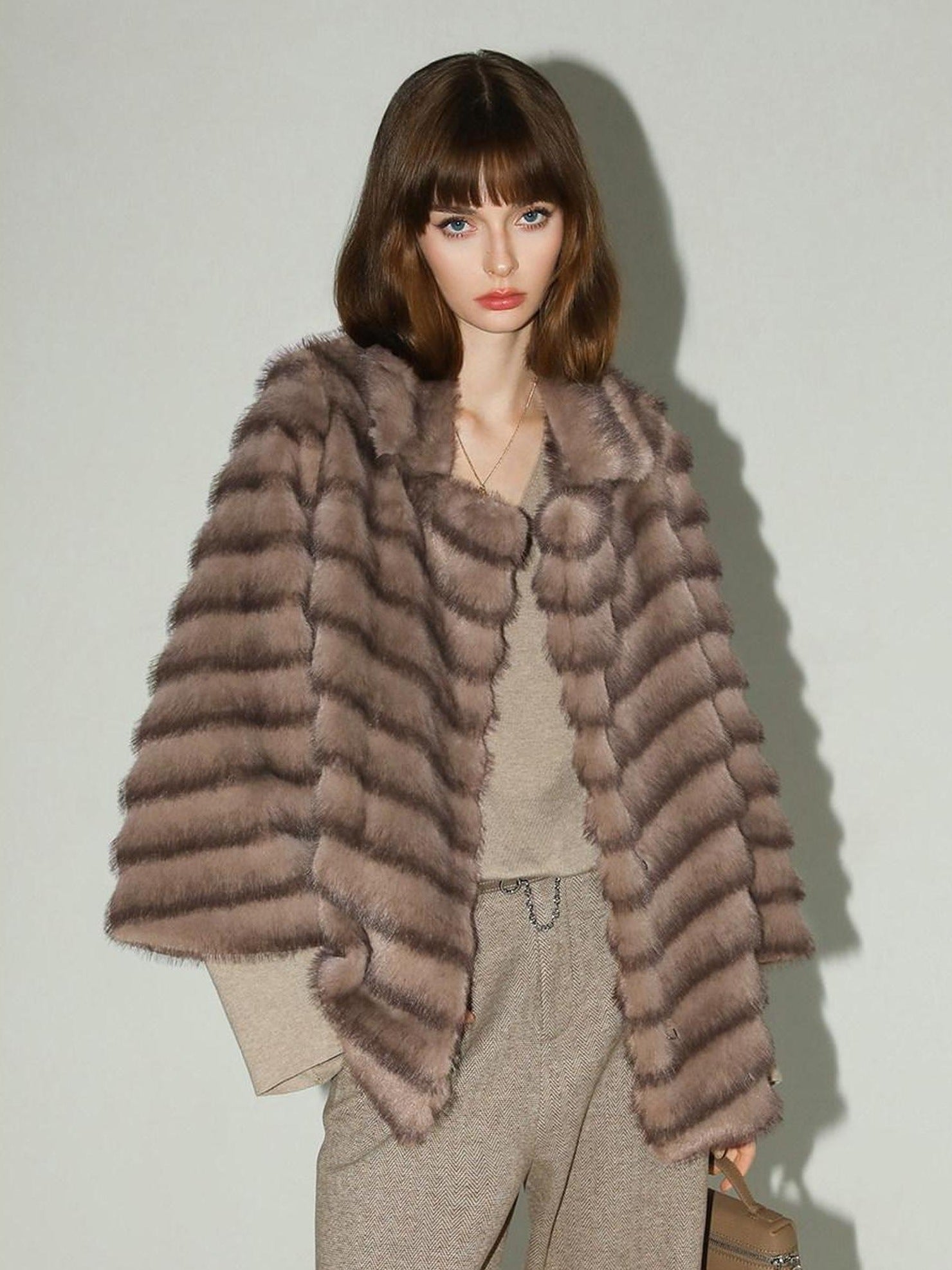 COCOBELLA Warm Faux Fur Oversized Lapel Collar Commuter Women Pastel Stripe Jackets