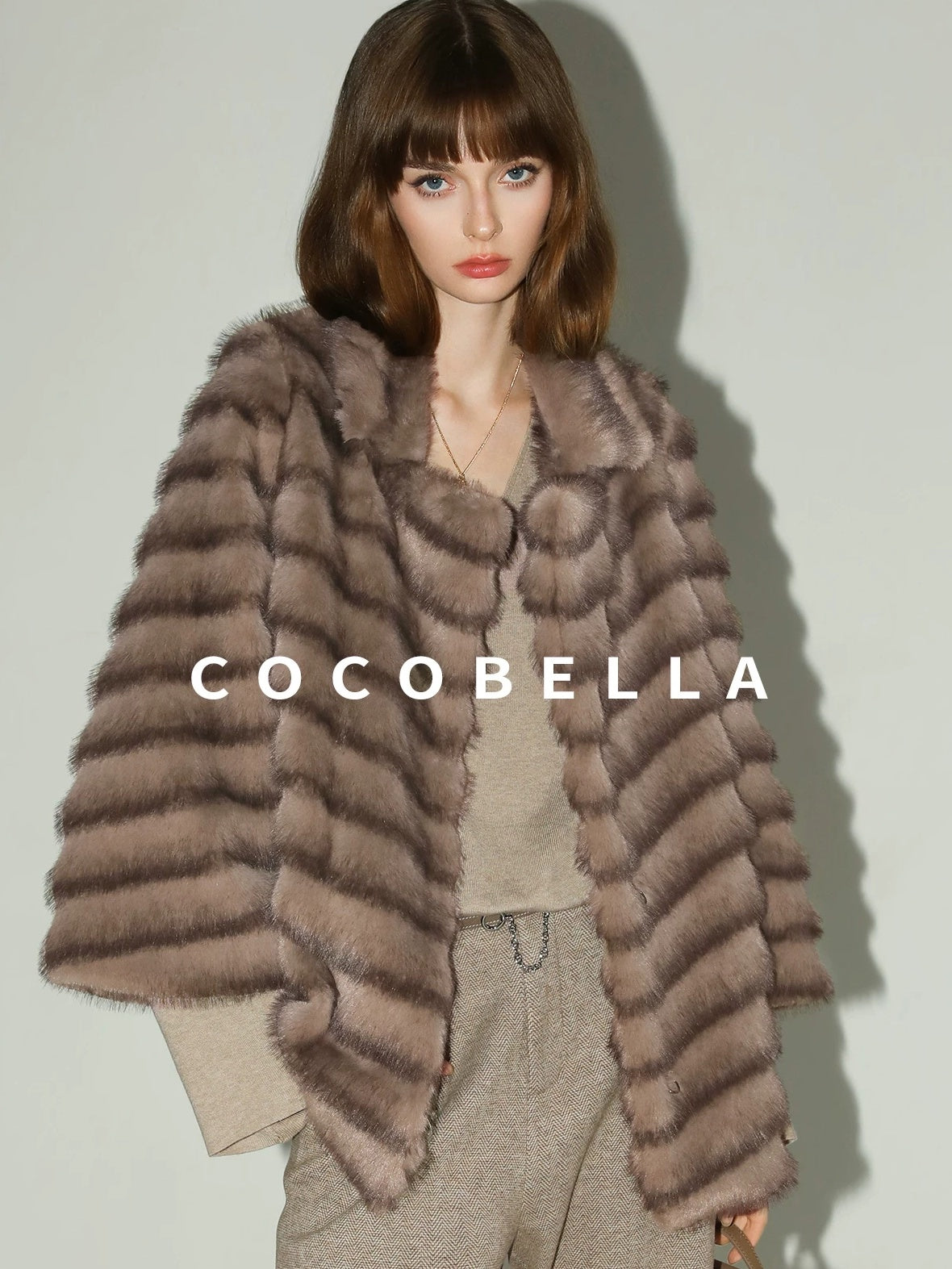 COCOBELLA Warm Faux Fur Oversized Lapel Collar Commuter Women Pastel Stripe Jackets