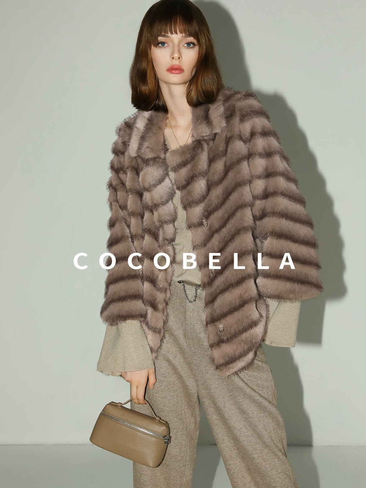 COCOBELLA Warm Faux Fur Oversized Lapel Collar Commuter Women Pastel Stripe Jackets