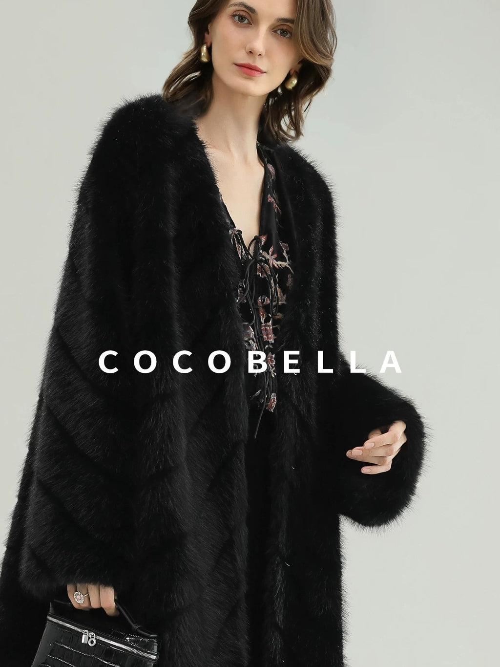 COCOBELLA Warm Faux Fur Trim Long Straight V Neck Women Commuter Black Coats