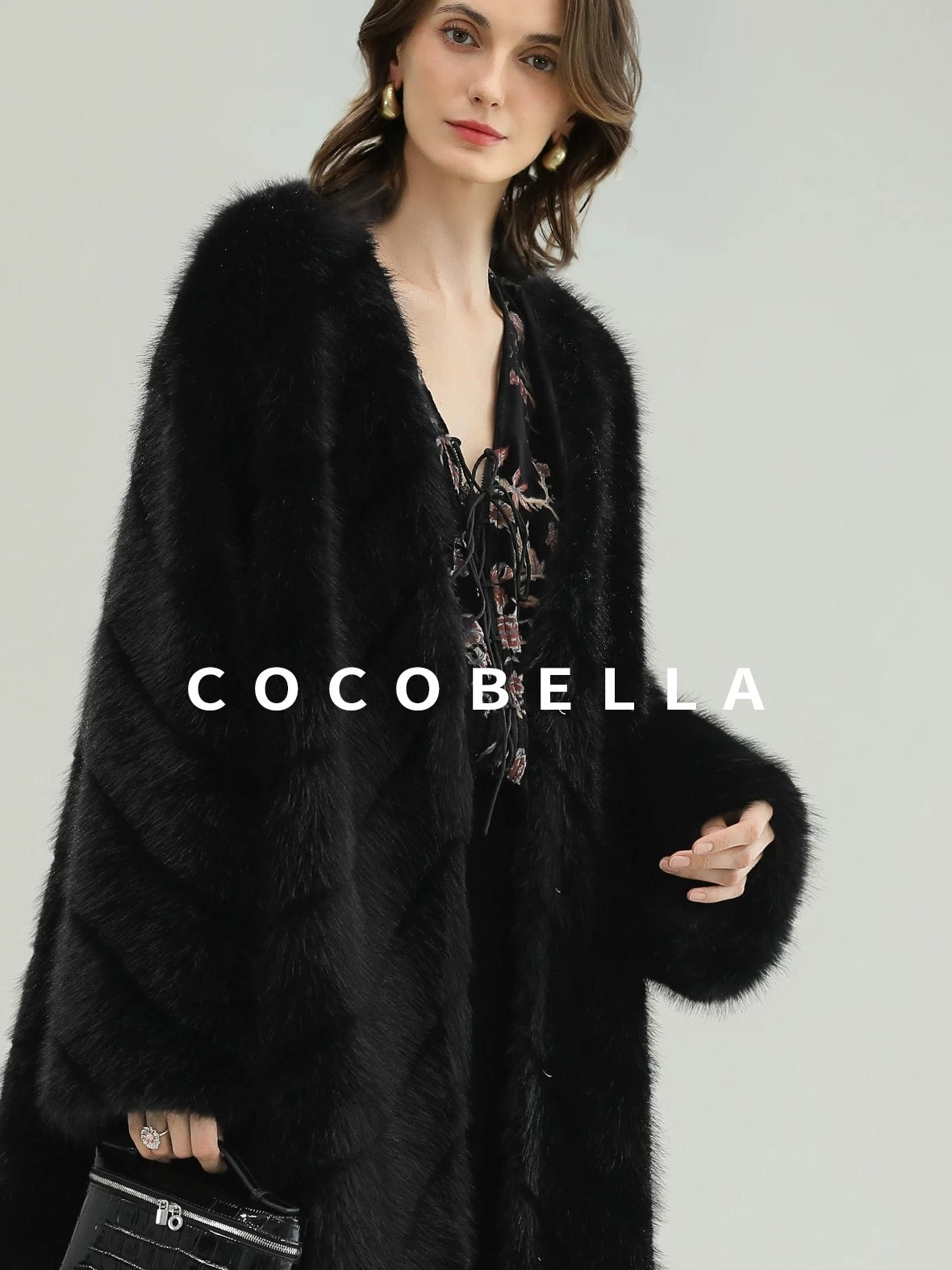 COCOBELLA Warm Faux Fur Trim Long Straight V Neck Women Commuter Black Coats