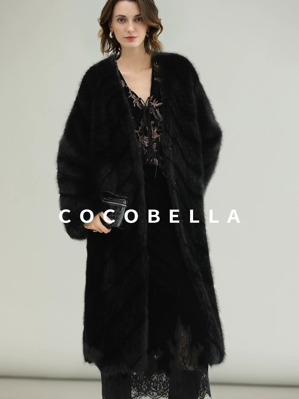COCOBELLA Warm Faux Fur Trim Long Straight V Neck Women Commuter Black Coats