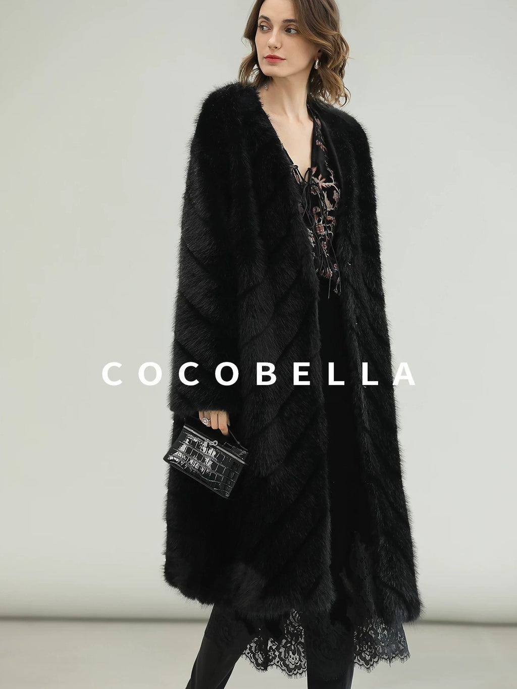 COCOBELLA Warm Faux Fur Trim Long Straight V Neck Women Commuter Black Coats