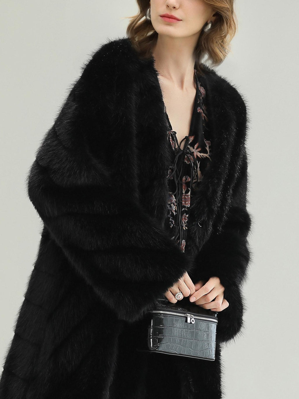 COCOBELLA Warm Faux Fur Trim Long Straight V Neck Women Commuter Black Coats