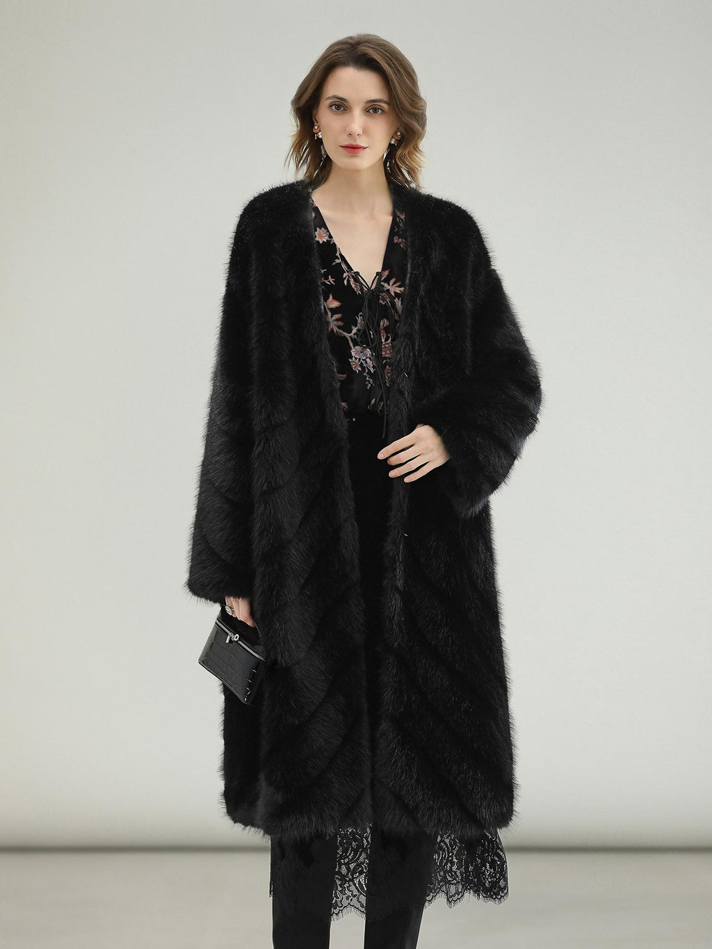 COCOBELLA Warm Faux Fur Trim Long Straight V Neck Women Commuter Black Coats