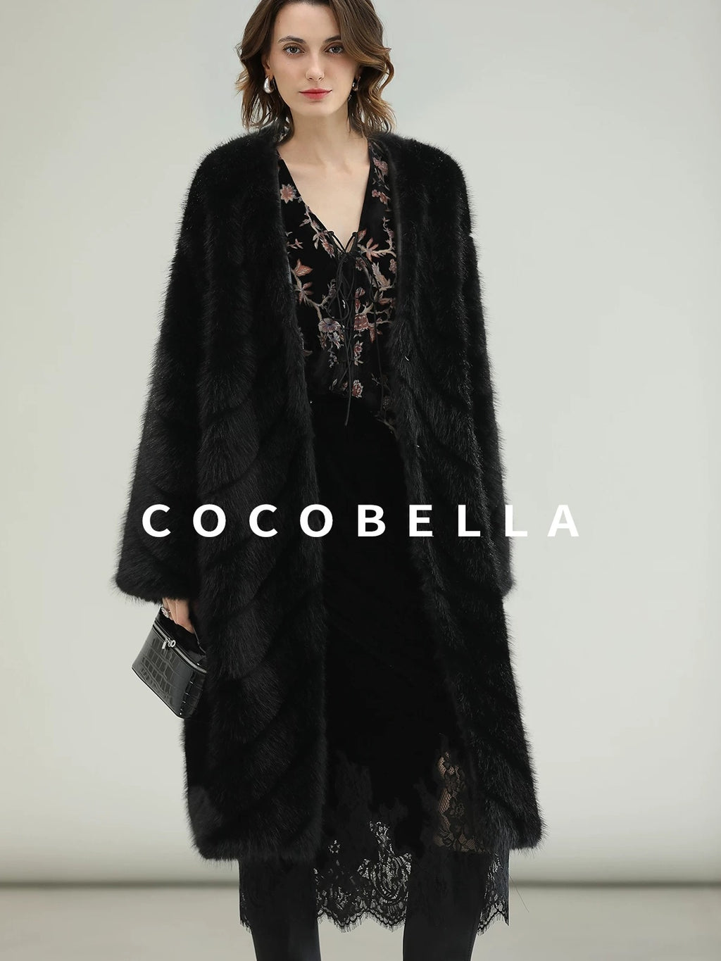 COCOBELLA Warm Faux Fur Trim Long Straight V Neck Women Commuter Black Coats