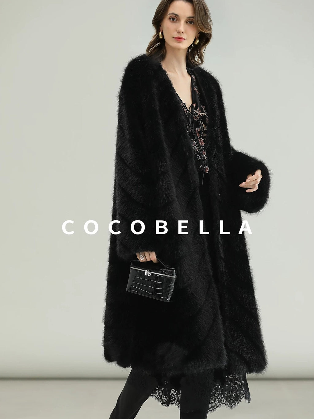 COCOBELLA Warm Faux Fur Trim Long Straight V Neck Women Commuter Black Coats