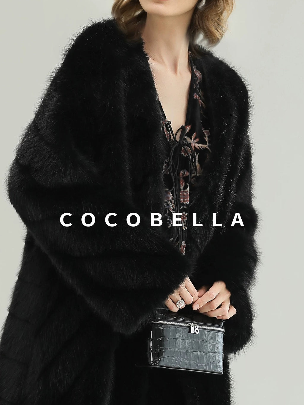 COCOBELLA Warm Faux Fur Trim Long Straight V Neck Women Commuter Black Coats