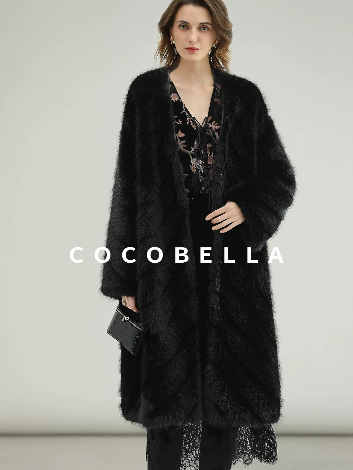 COCOBELLA Warm Faux Fur Trim Long Straight V Neck Women Commuter Black Coats