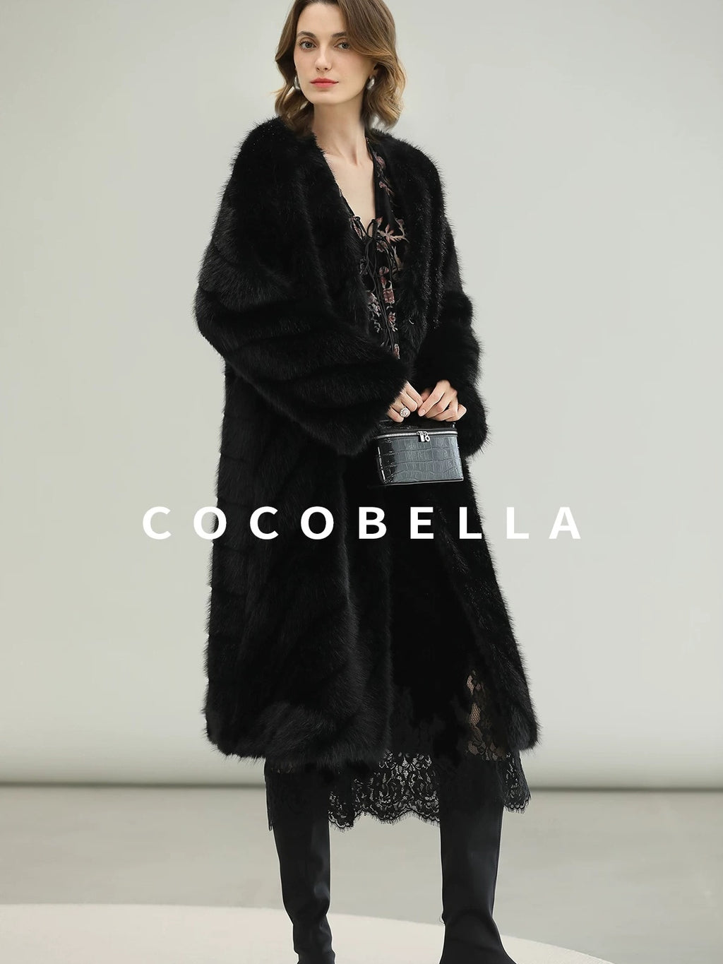 COCOBELLA Warm Faux Fur Trim Long Straight V Neck Women Commuter Black Coats