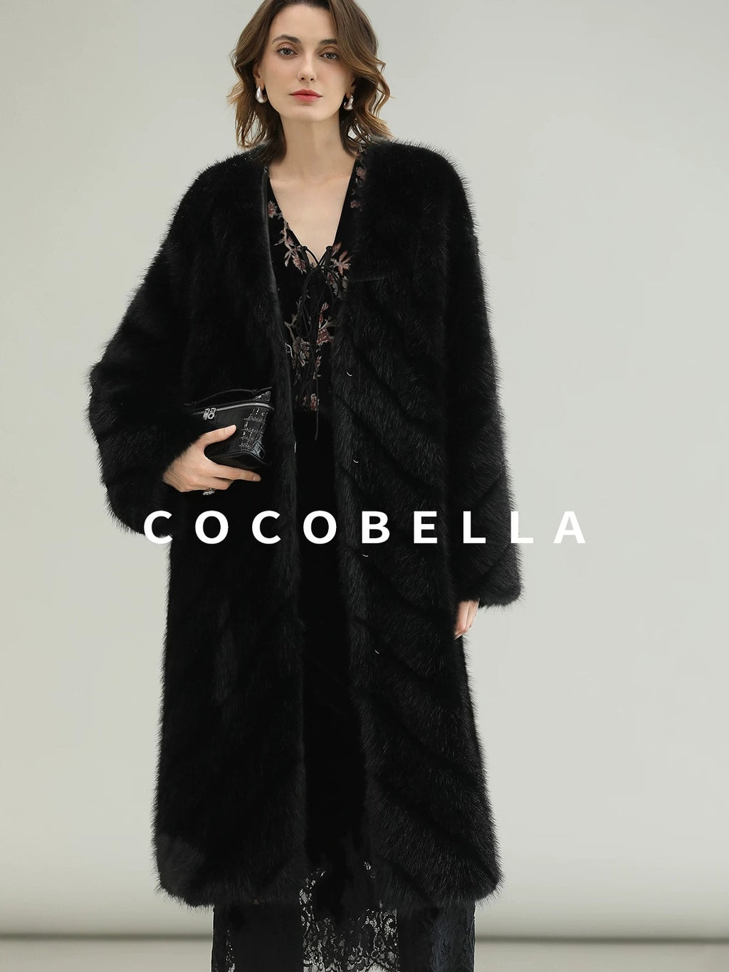 COCOBELLA Warm Faux Fur Trim Long Straight V Neck Women Commuter Black Coats