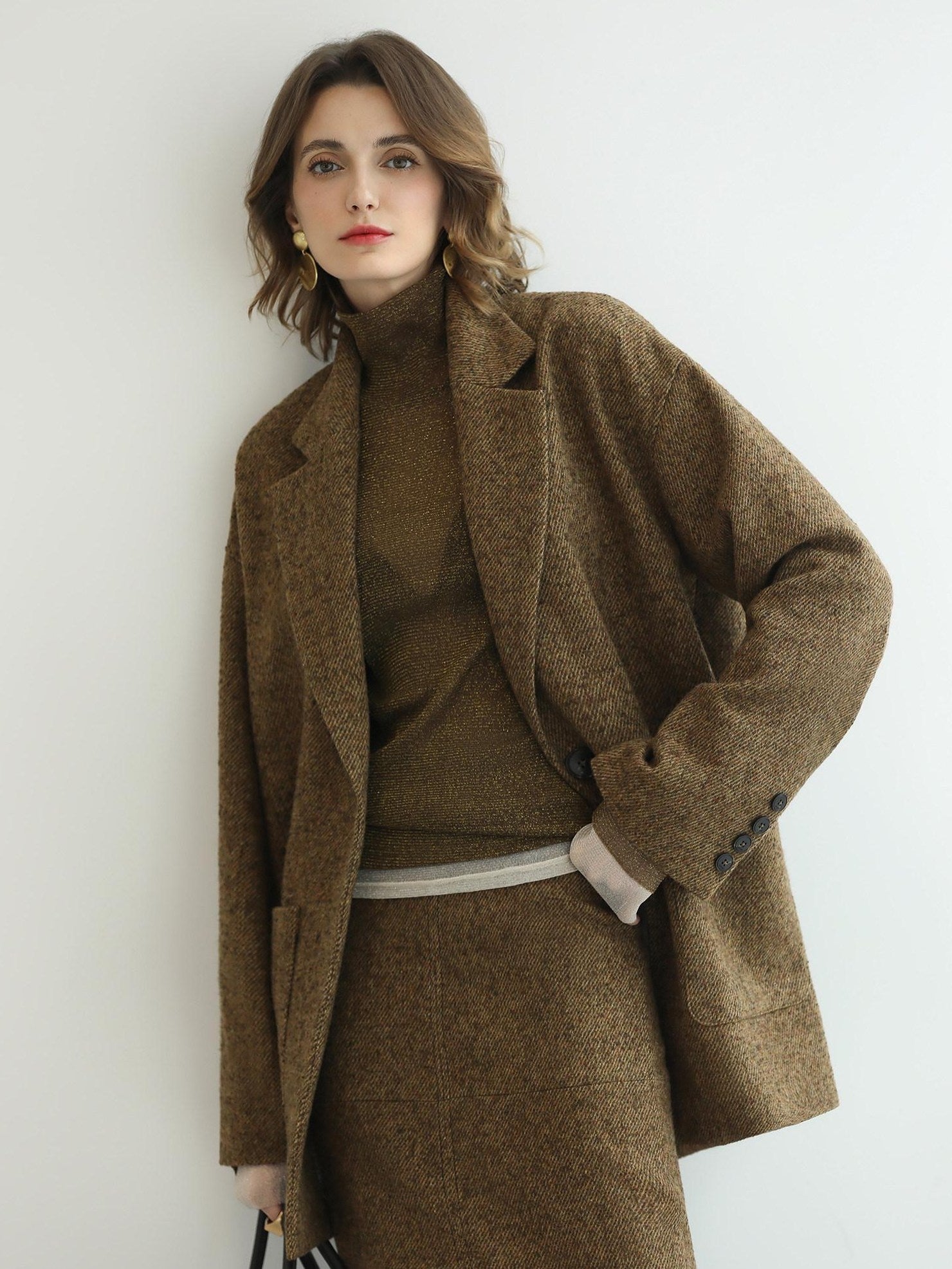 COCOBELLA Warm Ginger Wool Blend Single Button Straight Cut Office Workwear Coats