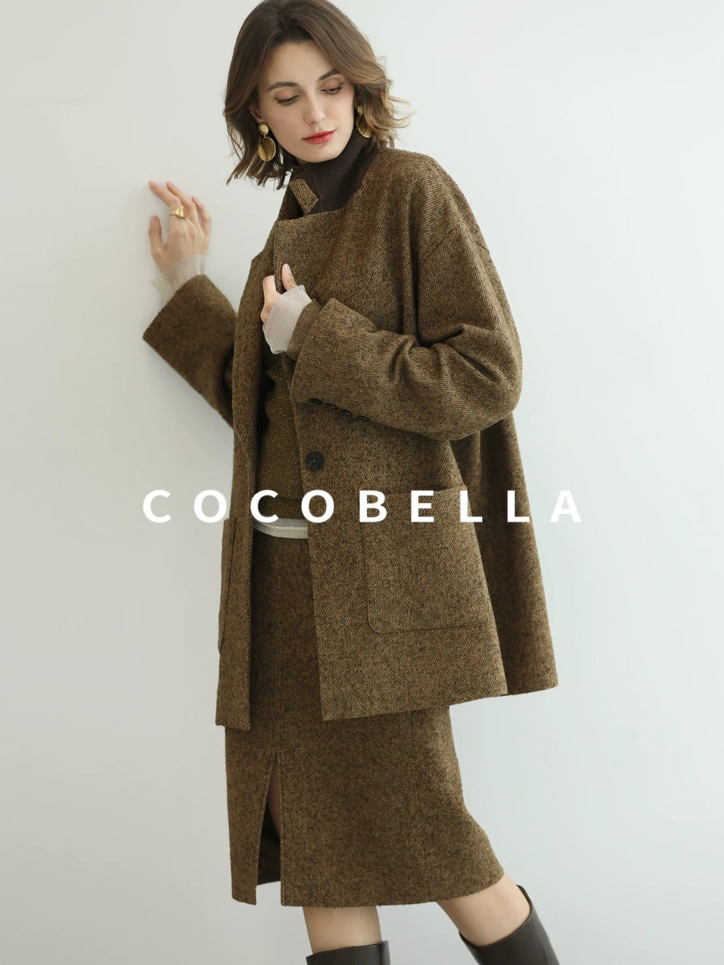 COCOBELLA Warm Ginger Wool Blend Single Button Straight Cut Office Workwear Coats