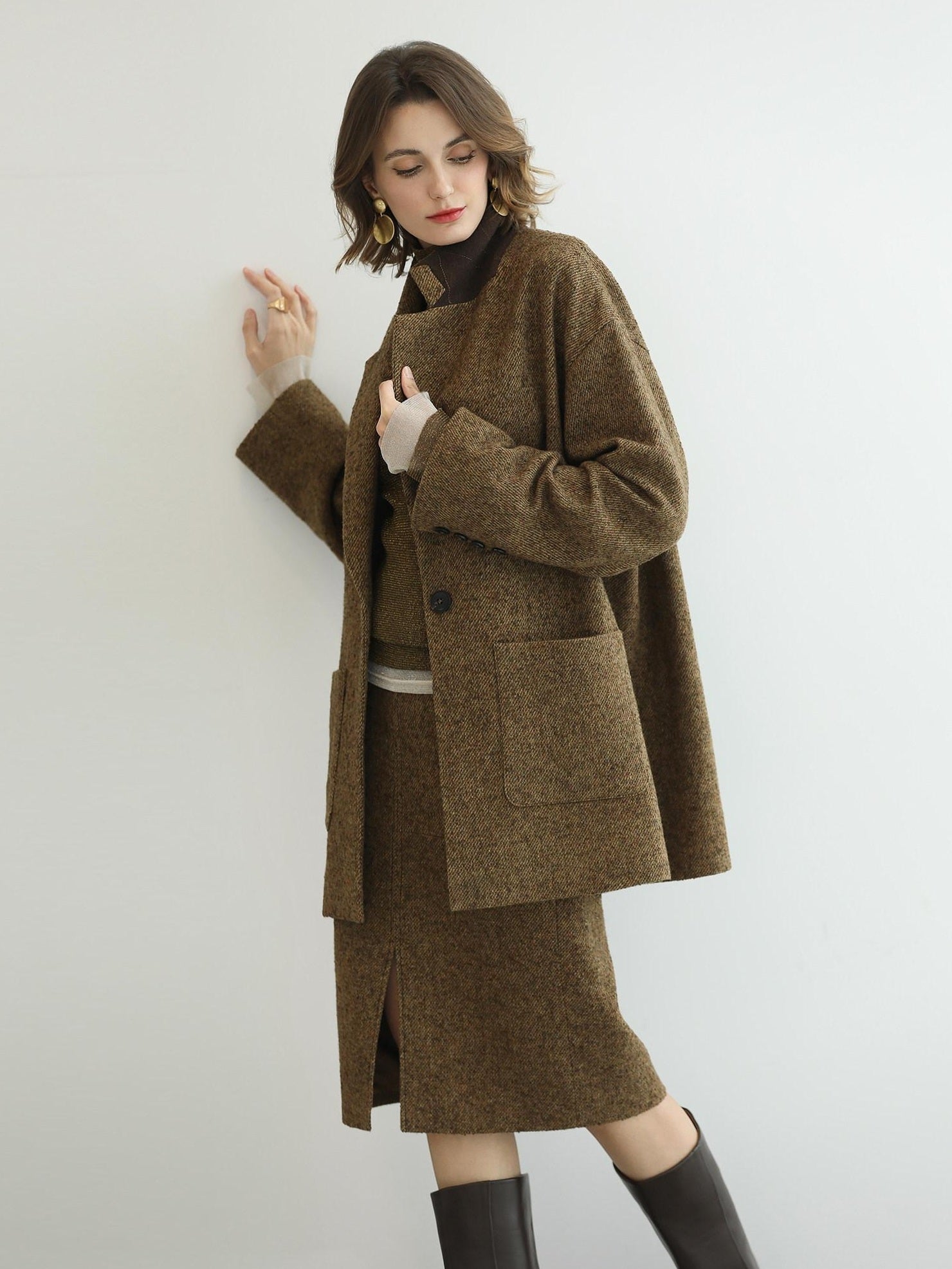 COCOBELLA Warm Ginger Wool Blend Single Button Straight Cut Office Workwear Coats