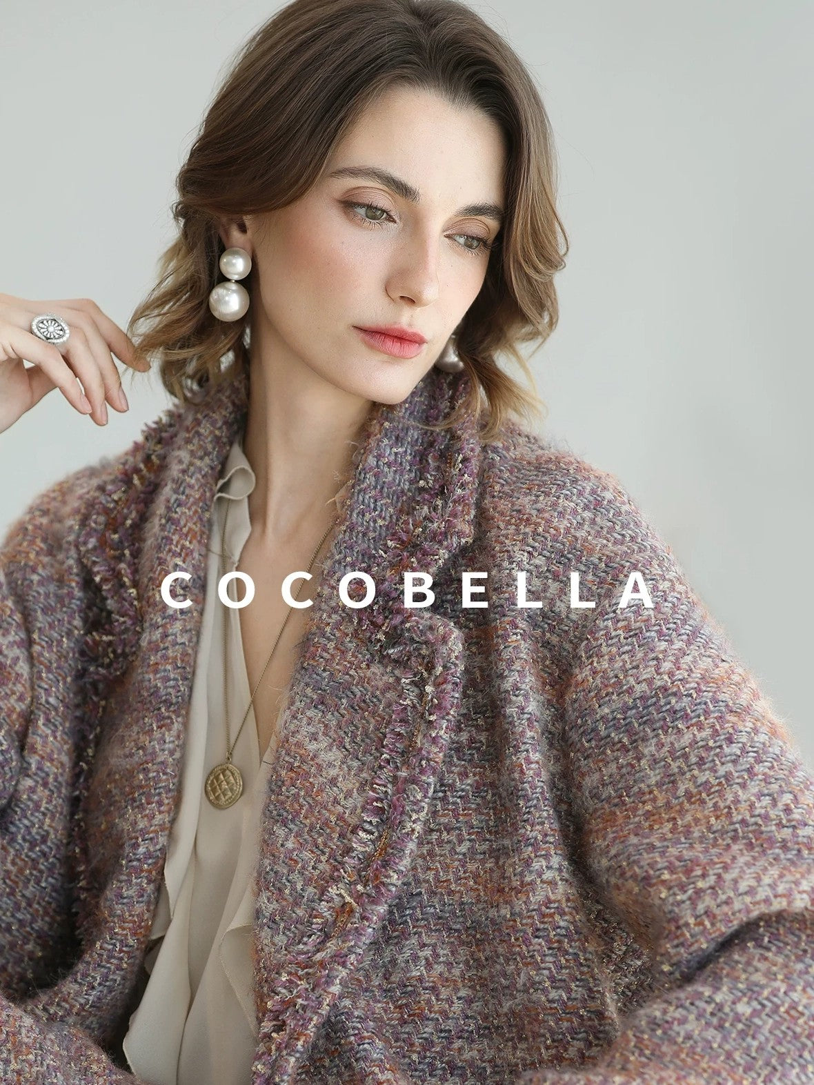 COCOBELLA Warm Lurex Button Double Breasted Loose Ladylike Commuter Wool Coats