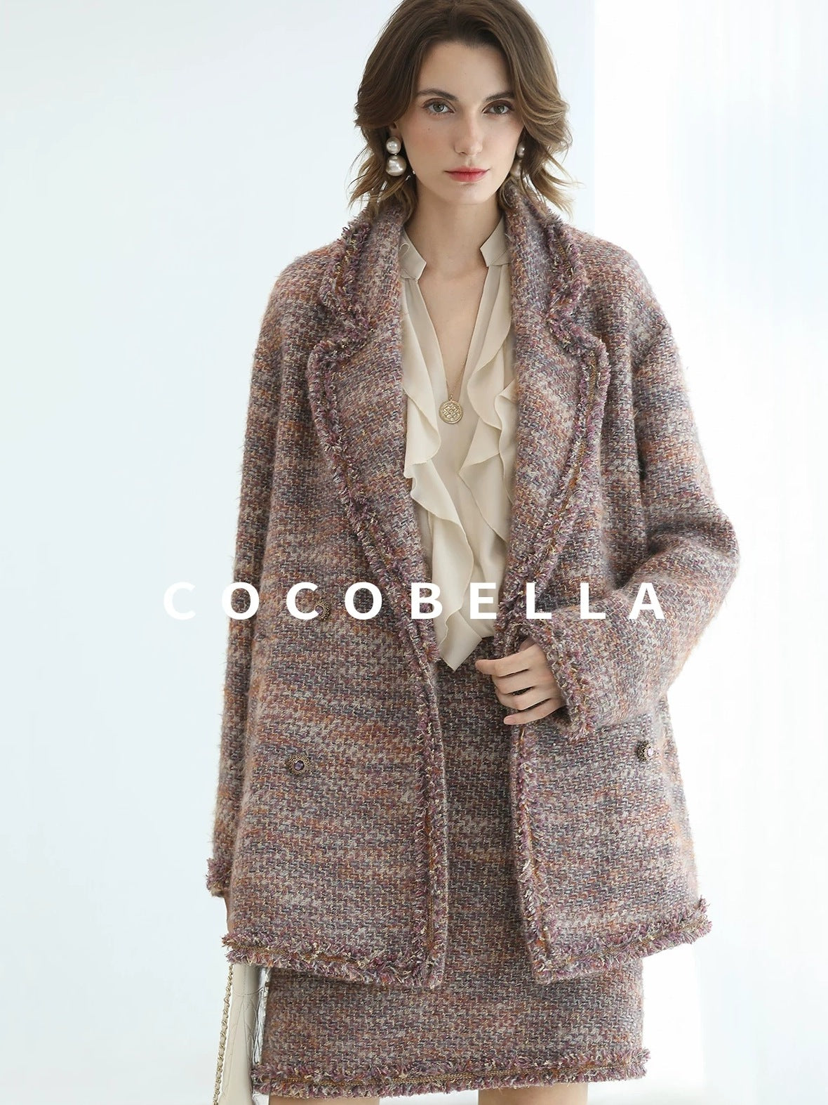 COCOBELLA Warm Lurex Button Double Breasted Loose Ladylike Commuter Wool Coats