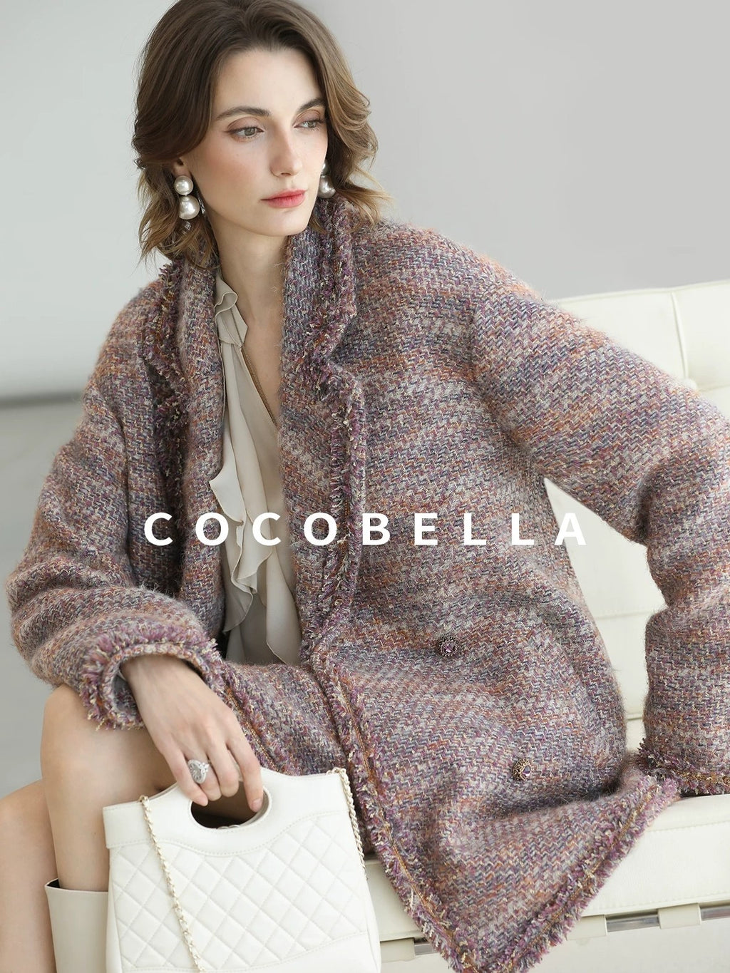 COCOBELLA Warm Lurex Button Double Breasted Loose Ladylike Commuter Wool Coats