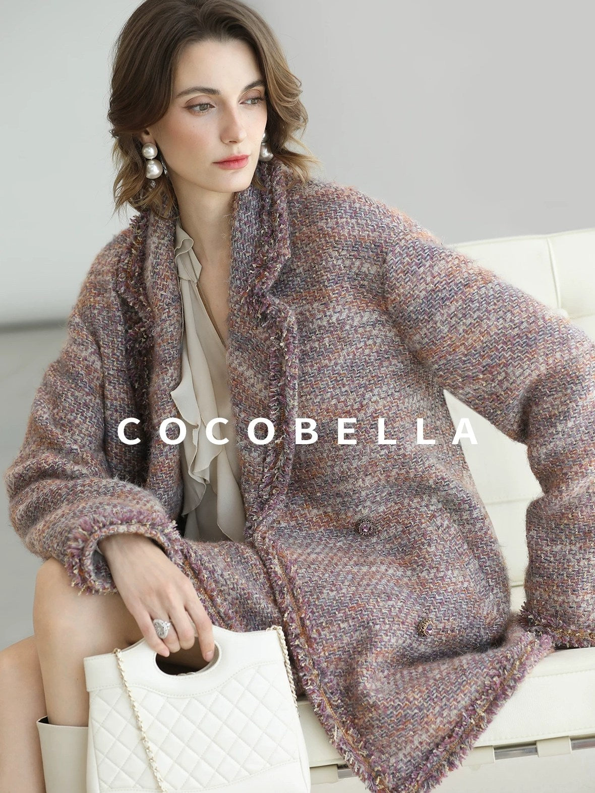 COCOBELLA Warm Lurex Button Double Breasted Loose Ladylike Commuter Wool Coats
