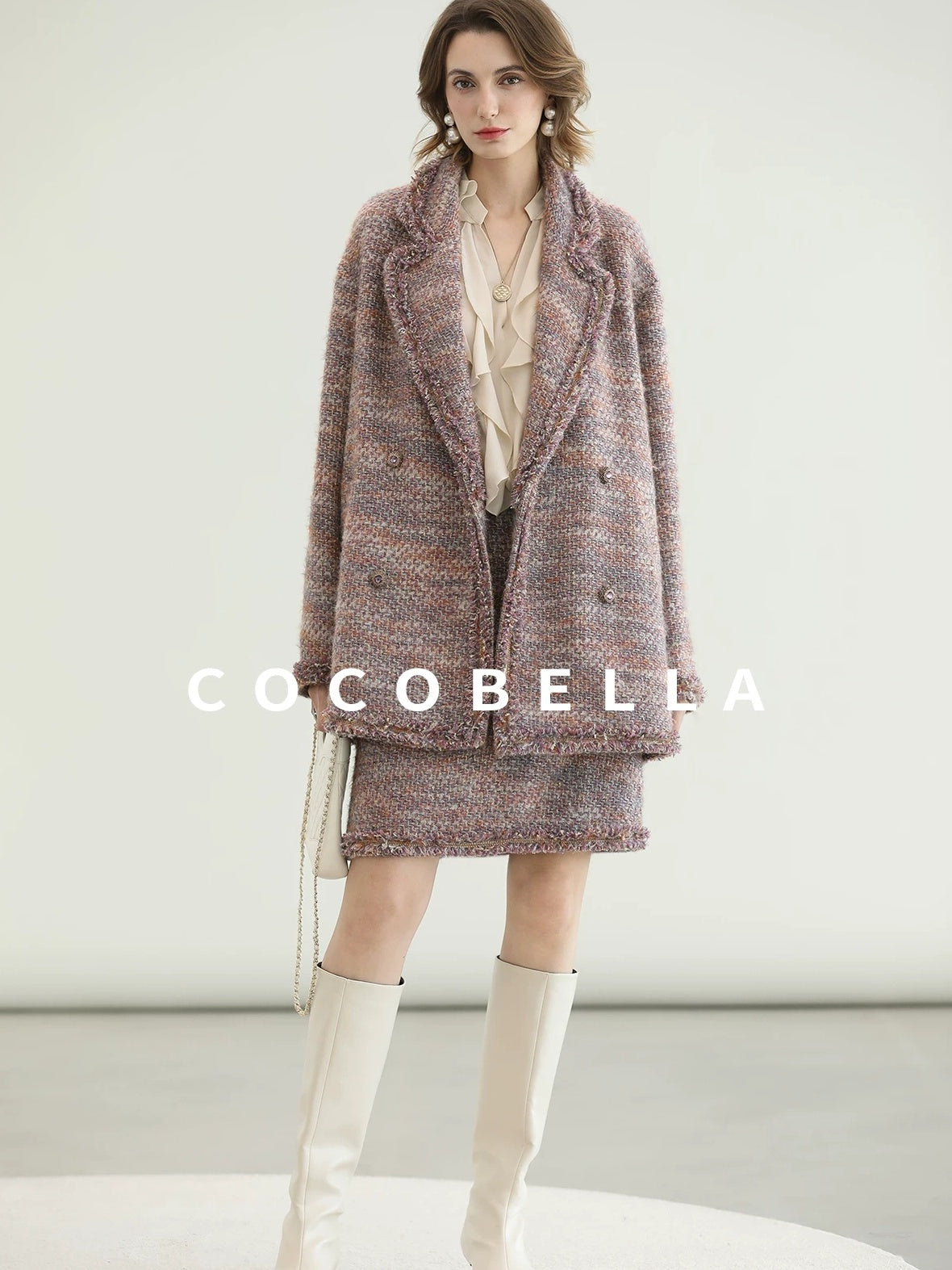 COCOBELLA Warm Lurex Button Double Breasted Loose Ladylike Commuter Wool Coats