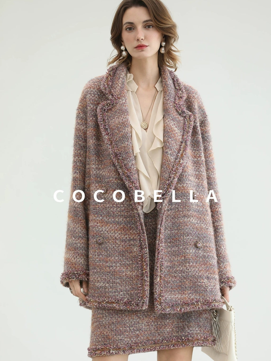 COCOBELLA Warm Lurex Button Double Breasted Loose Ladylike Commuter Wool Coats