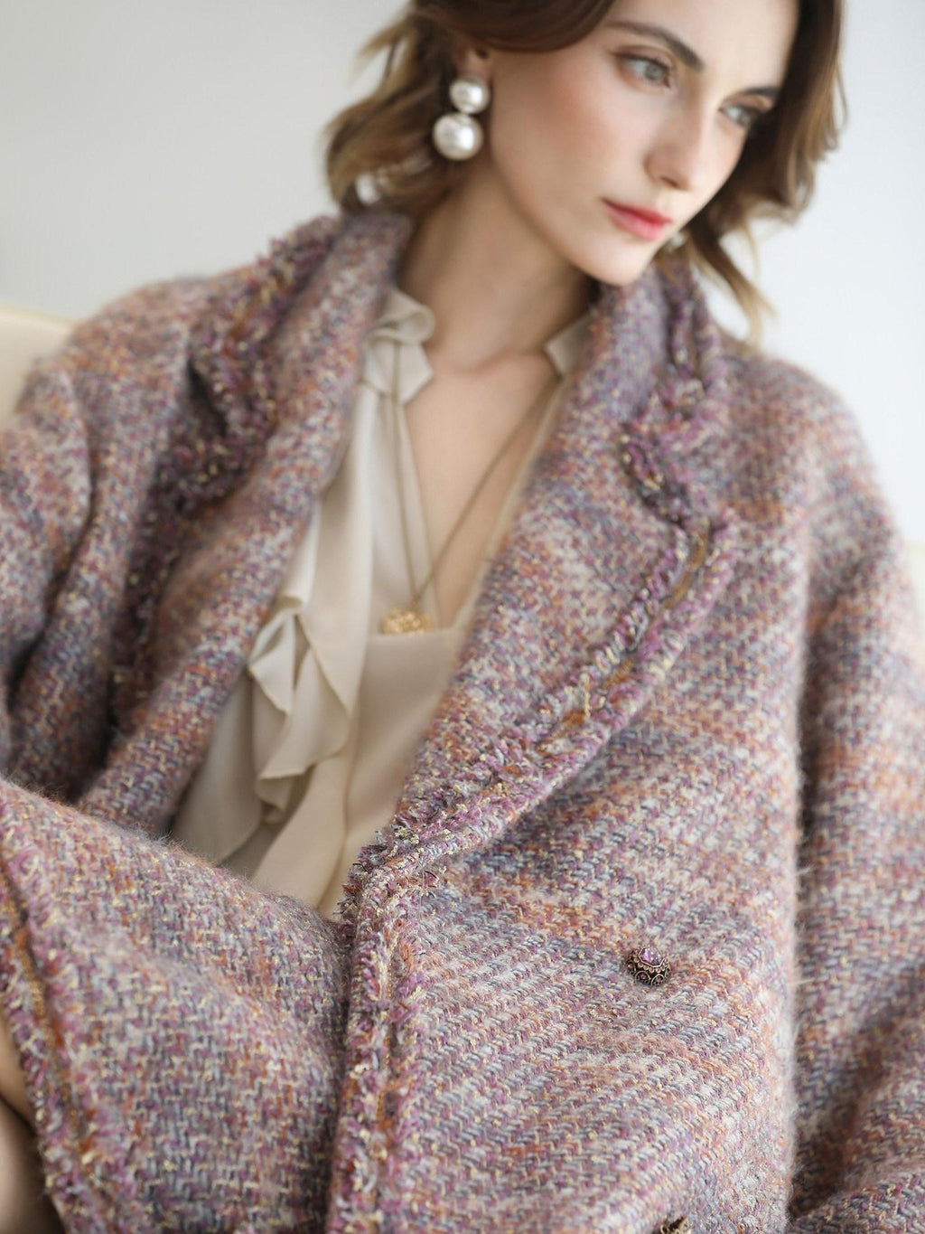 COCOBELLA Warm Lurex Button Double Breasted Loose Ladylike Commuter Wool Coats