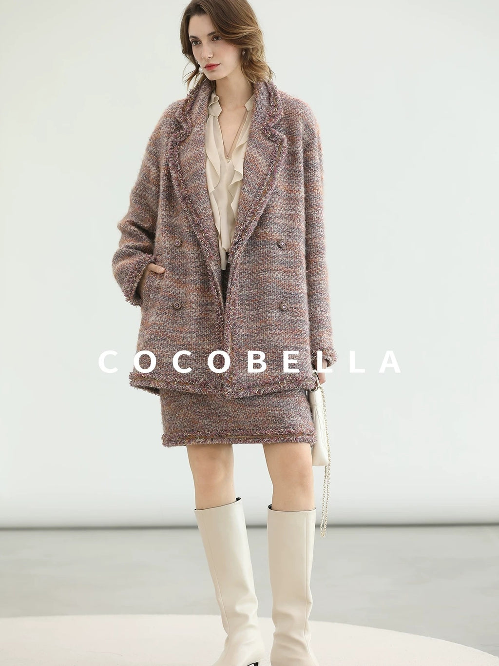 COCOBELLA Warm Lurex Button Double Breasted Loose Ladylike Commuter Wool Coats
