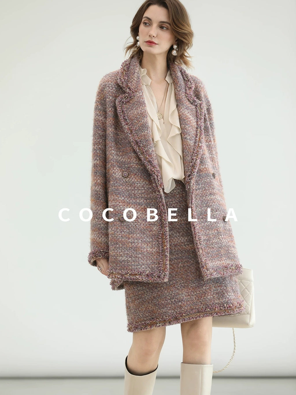 COCOBELLA Warm Lurex Button Double Breasted Loose Ladylike Commuter Wool Coats