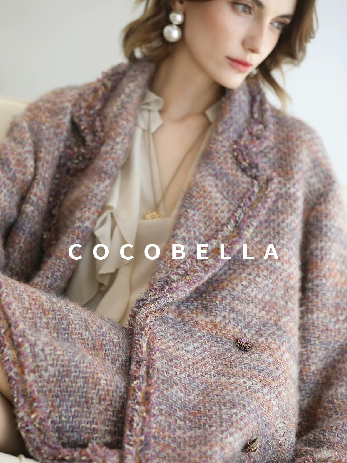 COCOBELLA Warm Lurex Button Double Breasted Loose Ladylike Commuter Wool Coats