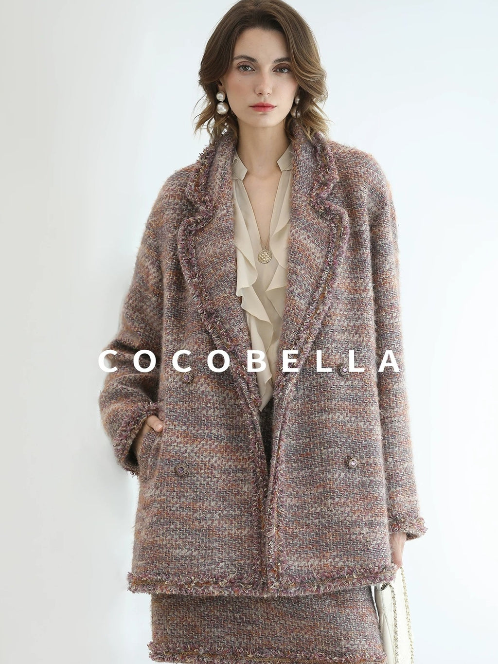 COCOBELLA Warm Lurex Button Double Breasted Loose Ladylike Commuter Wool Coats