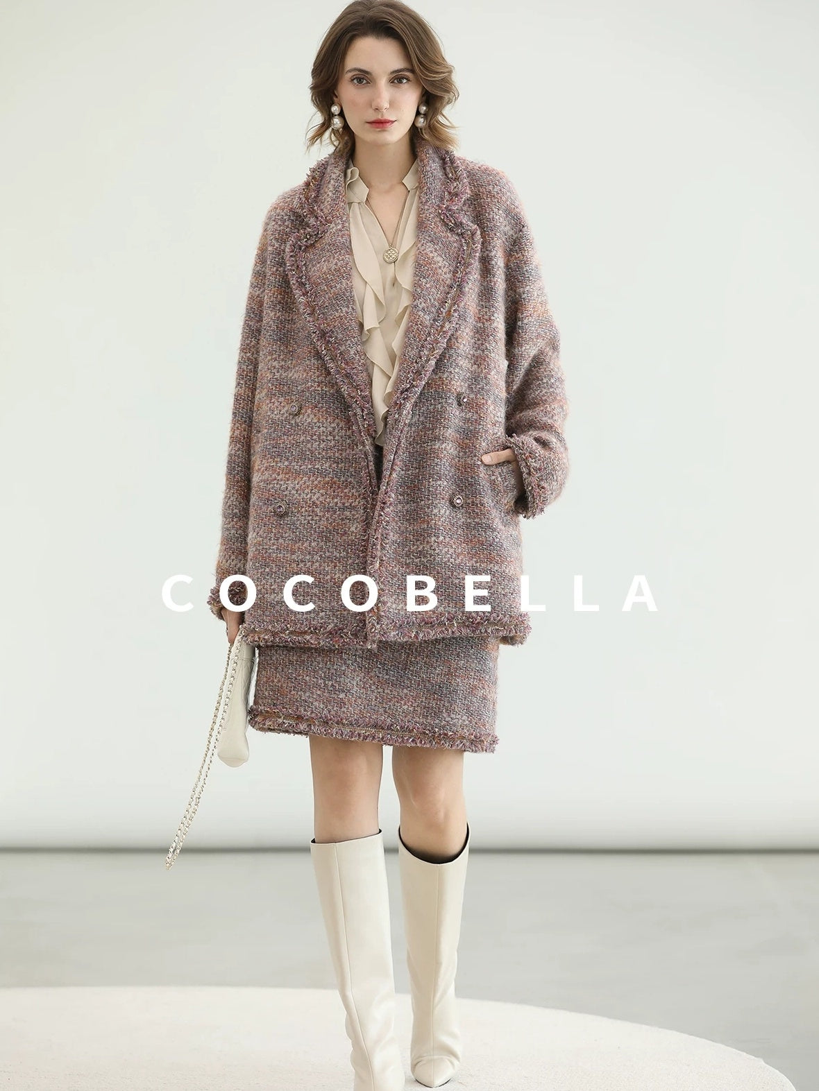 COCOBELLA Warm Lurex Button Double Breasted Loose Ladylike Commuter Wool Coats