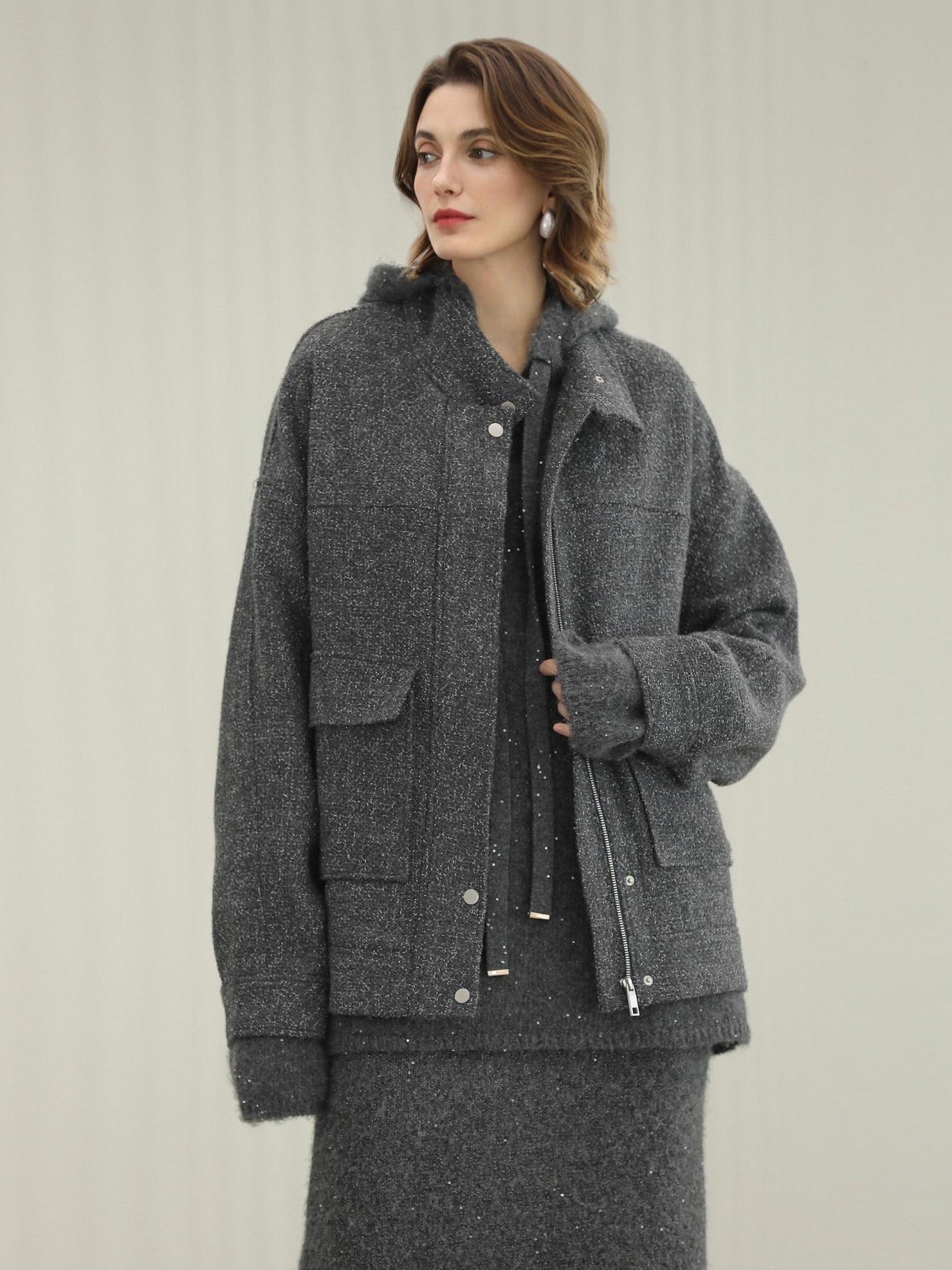 COCOBELLA Warm Lurex Zip Pockets Mid Length Straight Street Casual Women Wool Coats