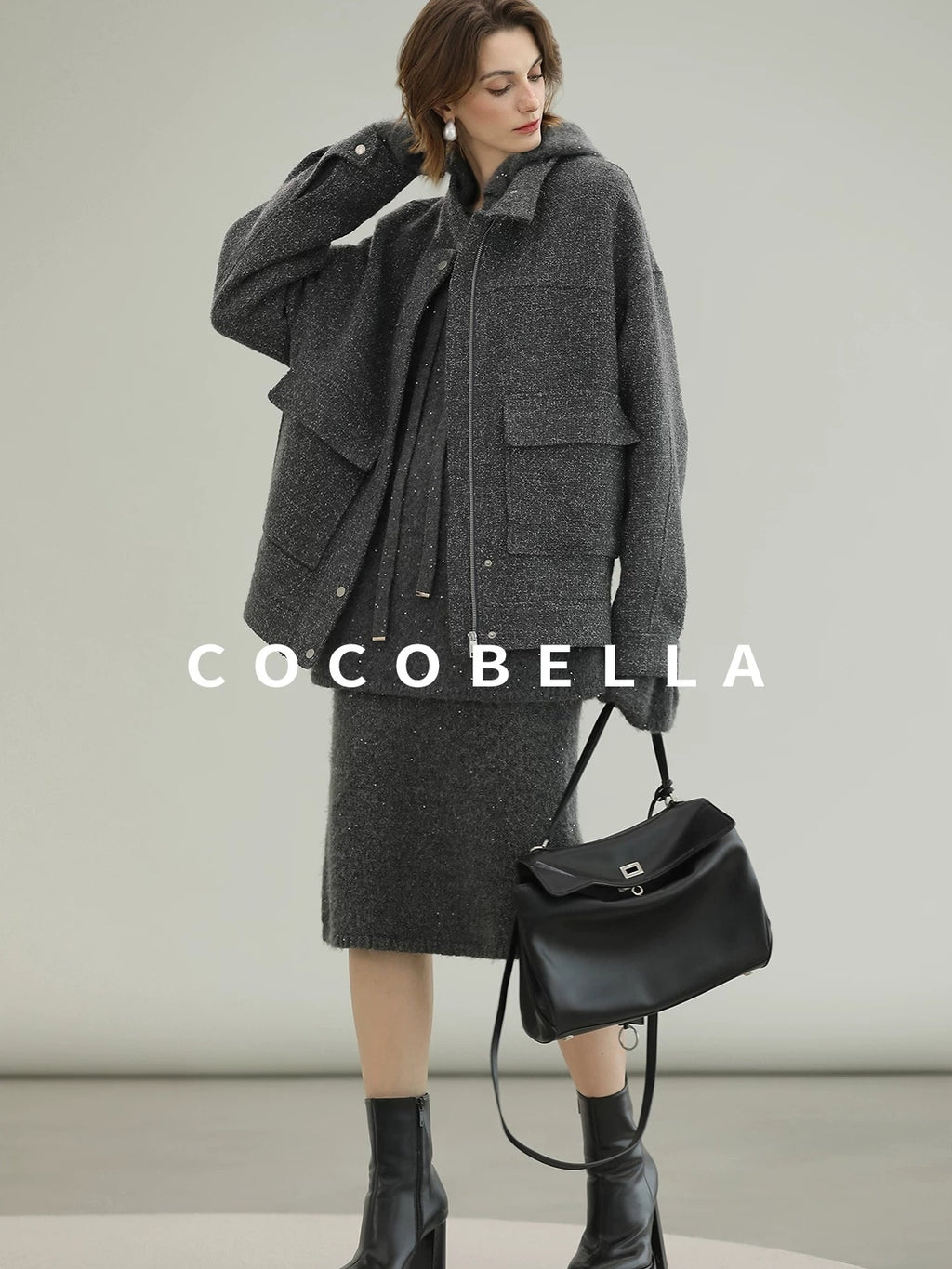 COCOBELLA Warm Lurex Zip Pockets Mid Length Straight Street Casual Women Wool Coats