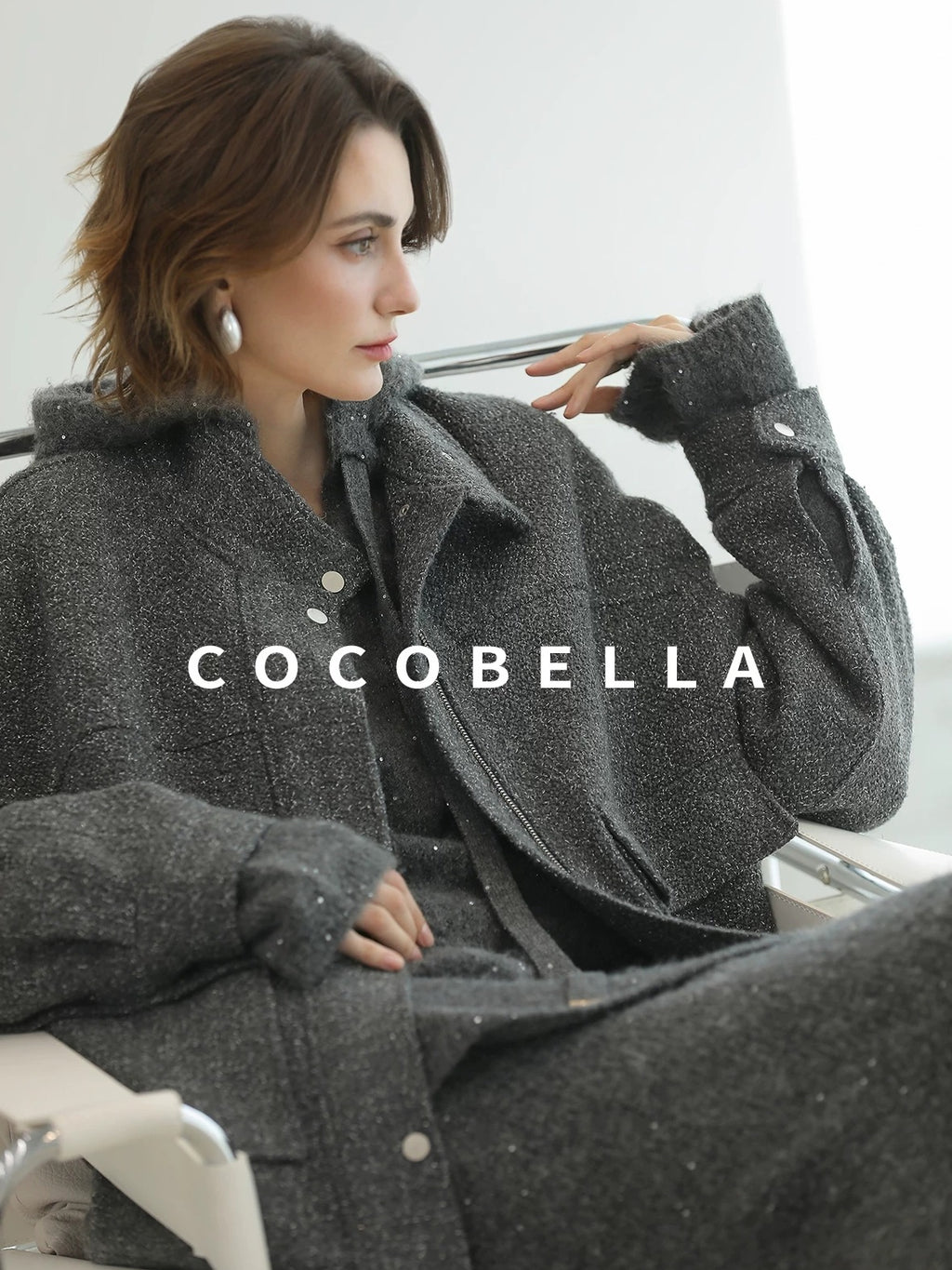 COCOBELLA Warm Lurex Zip Pockets Mid Length Straight Street Casual Women Wool Coats