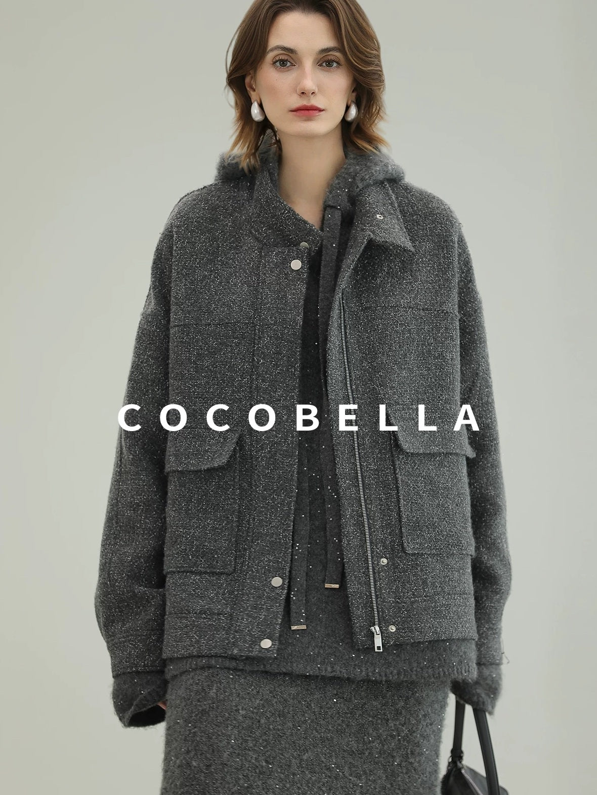 COCOBELLA Warm Lurex Zip Pockets Mid Length Straight Street Casual Women Wool Coats