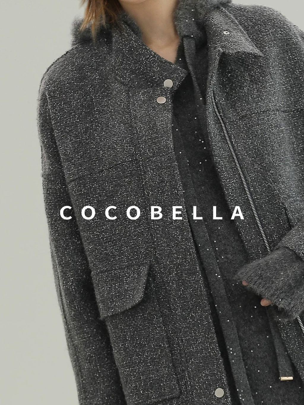 COCOBELLA Warm Lurex Zip Pockets Mid Length Straight Street Casual Women Wool Coats