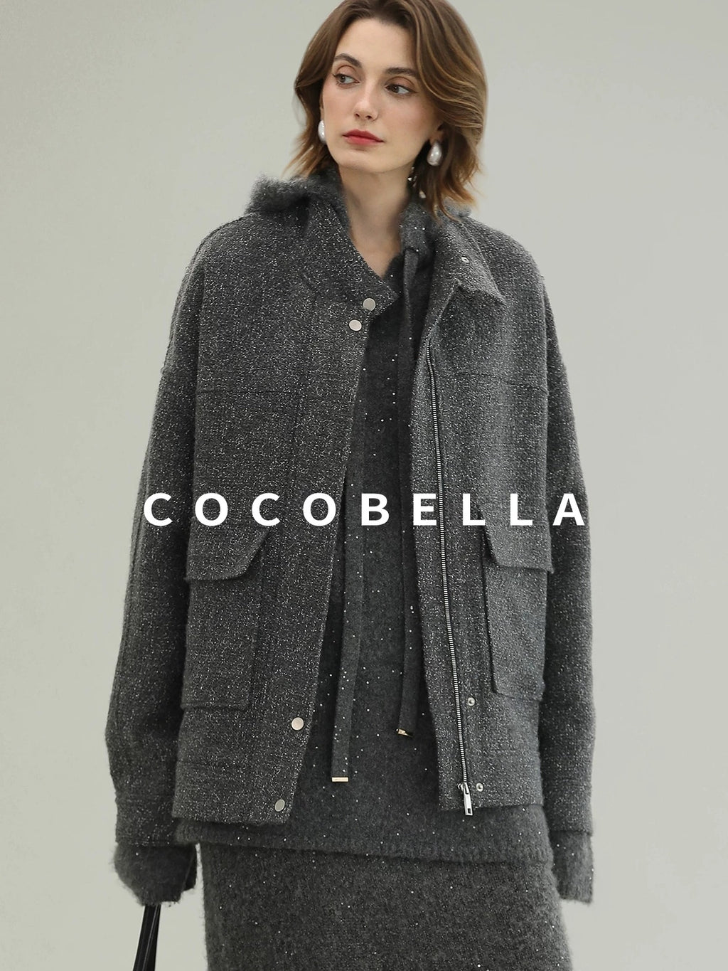 COCOBELLA Warm Lurex Zip Pockets Mid Length Straight Street Casual Women Wool Coats