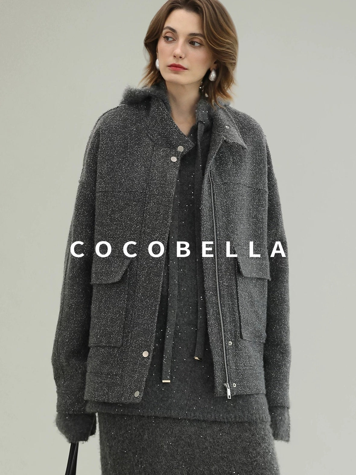 COCOBELLA Warm Lurex Zip Pockets Mid Length Straight Street Casual Women Wool Coats