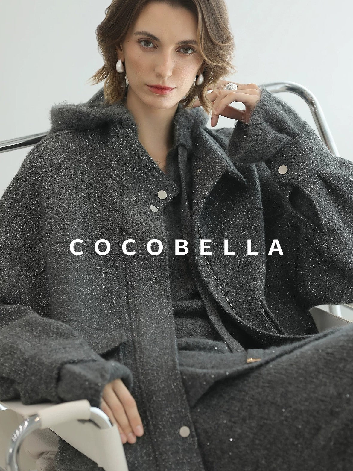 COCOBELLA Warm Lurex Zip Pockets Mid Length Straight Street Casual Women Wool Coats