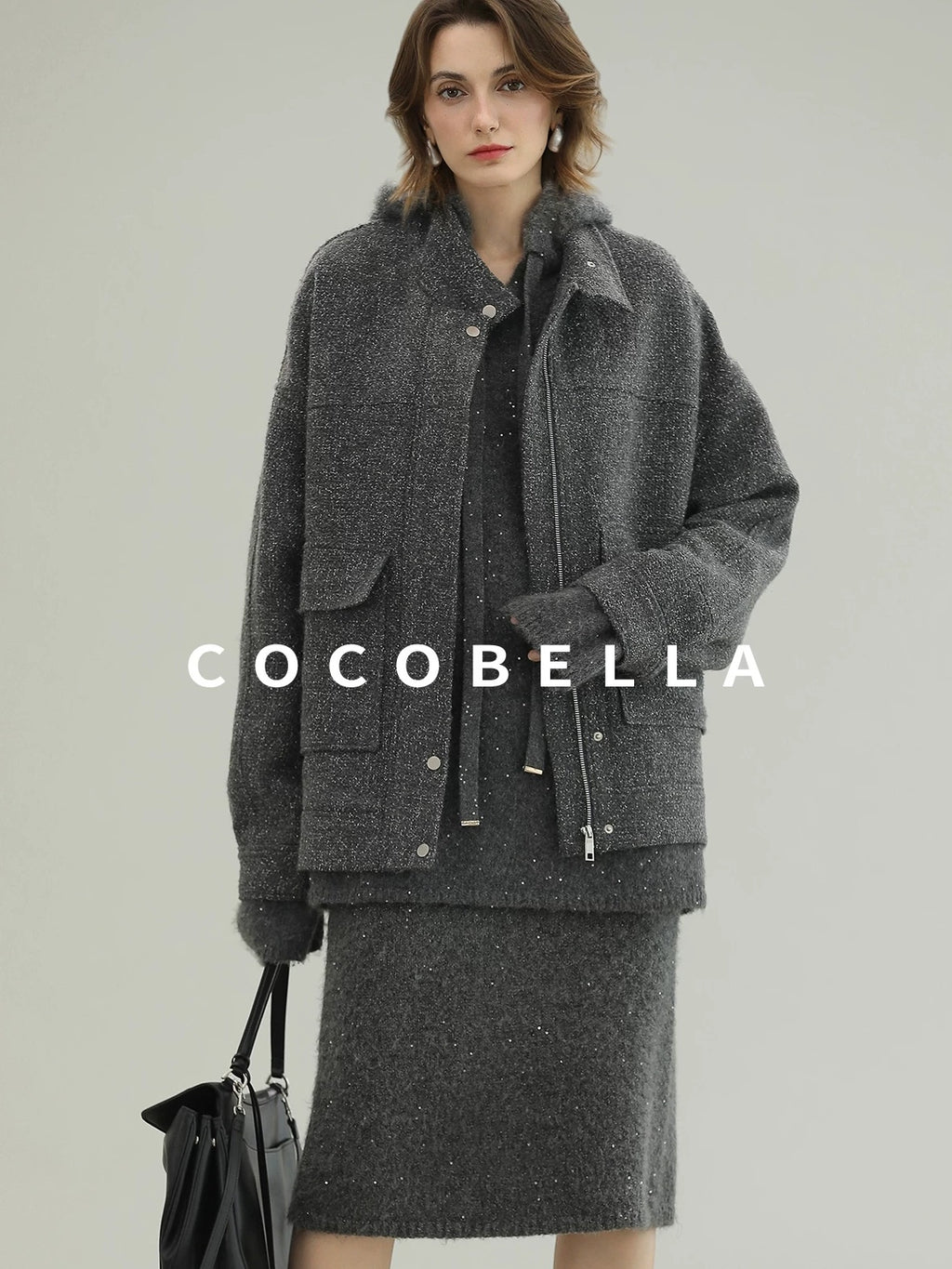 COCOBELLA Warm Lurex Zip Pockets Mid Length Straight Street Casual Women Wool Coats