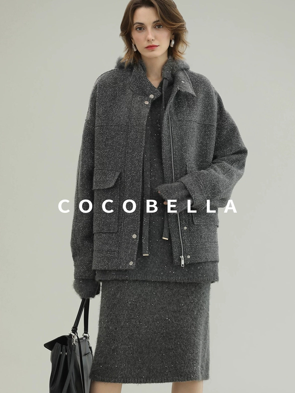 COCOBELLA Warm Lurex Zip Pockets Mid Length Straight Street Casual Women Wool Coats