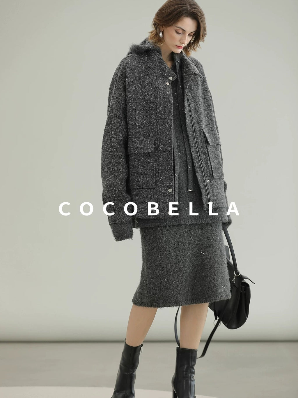 COCOBELLA Warm Lurex Zip Pockets Mid Length Straight Street Casual Women Wool Coats