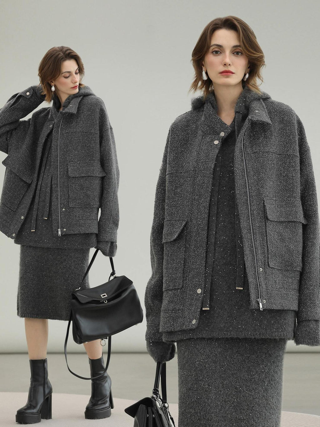 COCOBELLA Warm Lurex Zip Pockets Mid Length Straight Street Casual Women Wool Coats