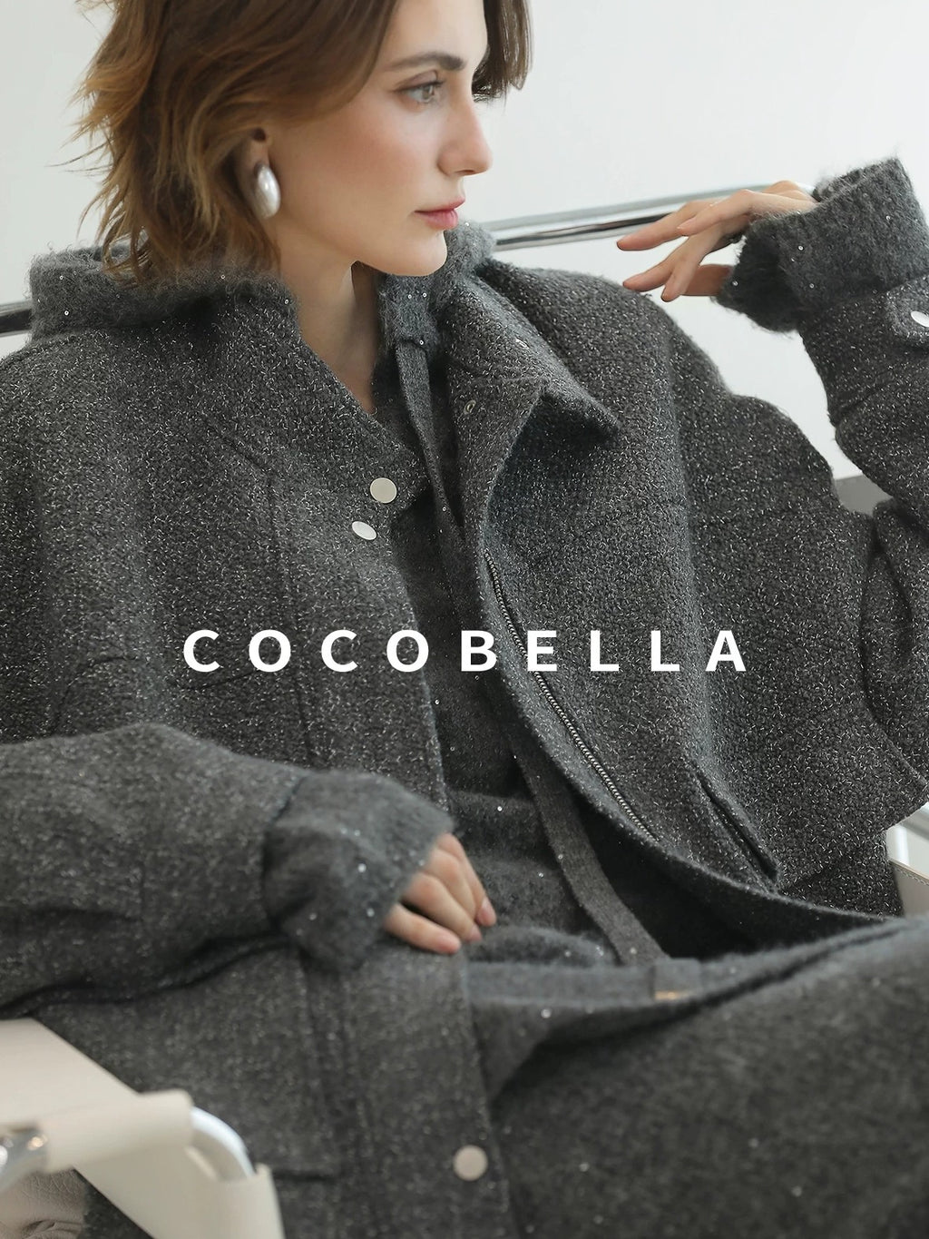 COCOBELLA Warm Lurex Zip Pockets Mid Length Straight Street Casual Women Wool Coats