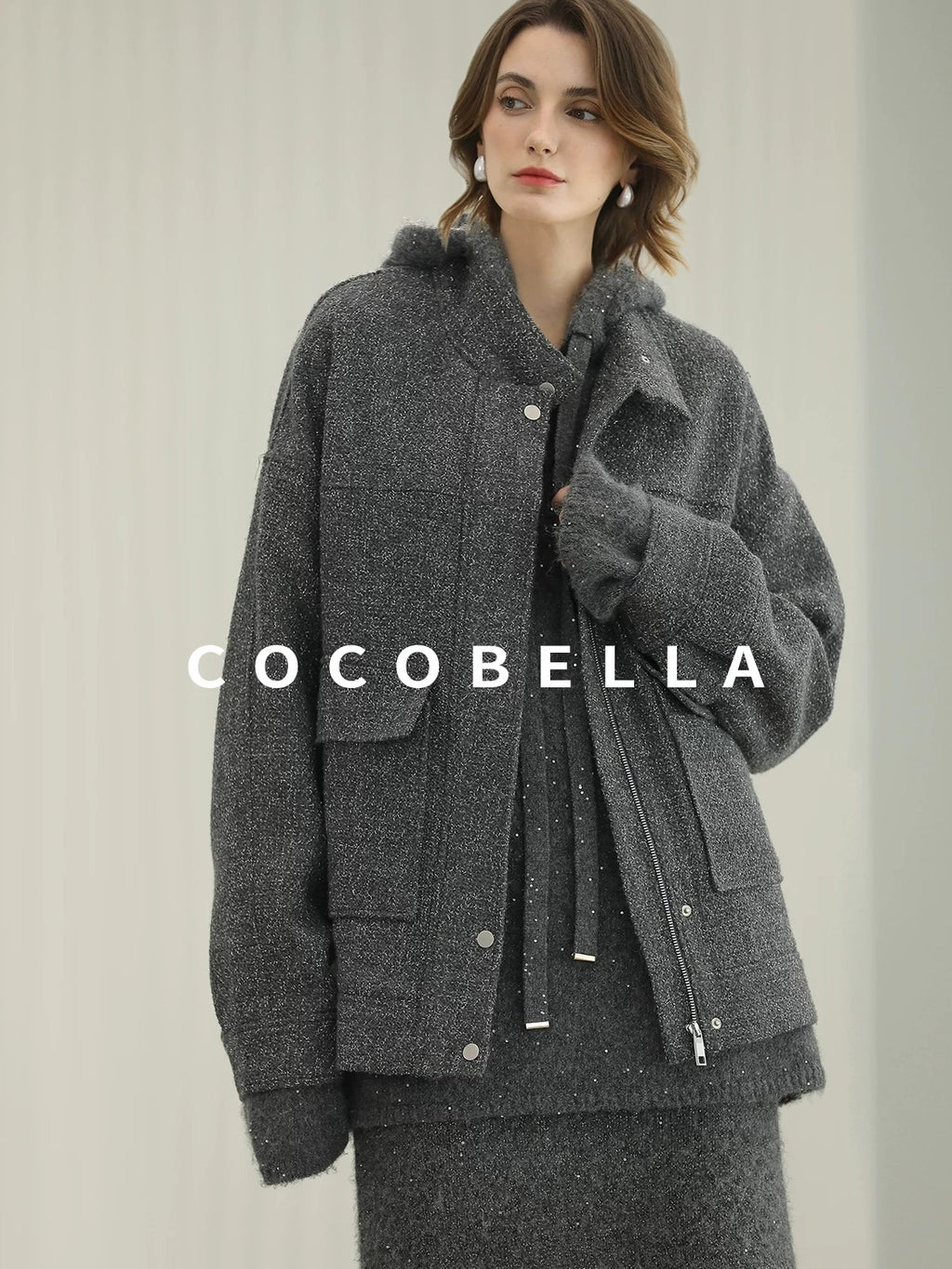 COCOBELLA Warm Lurex Zip Pockets Mid Length Straight Street Casual Women Wool Coats