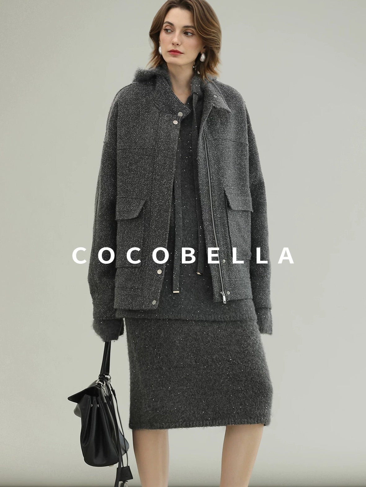 COCOBELLA Warm Lurex Zip Pockets Mid Length Straight Street Casual Women Wool Coats