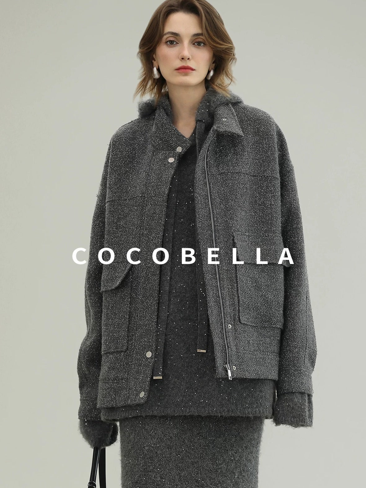 COCOBELLA Warm Lurex Zip Pockets Mid Length Straight Street Casual Women Wool Coats