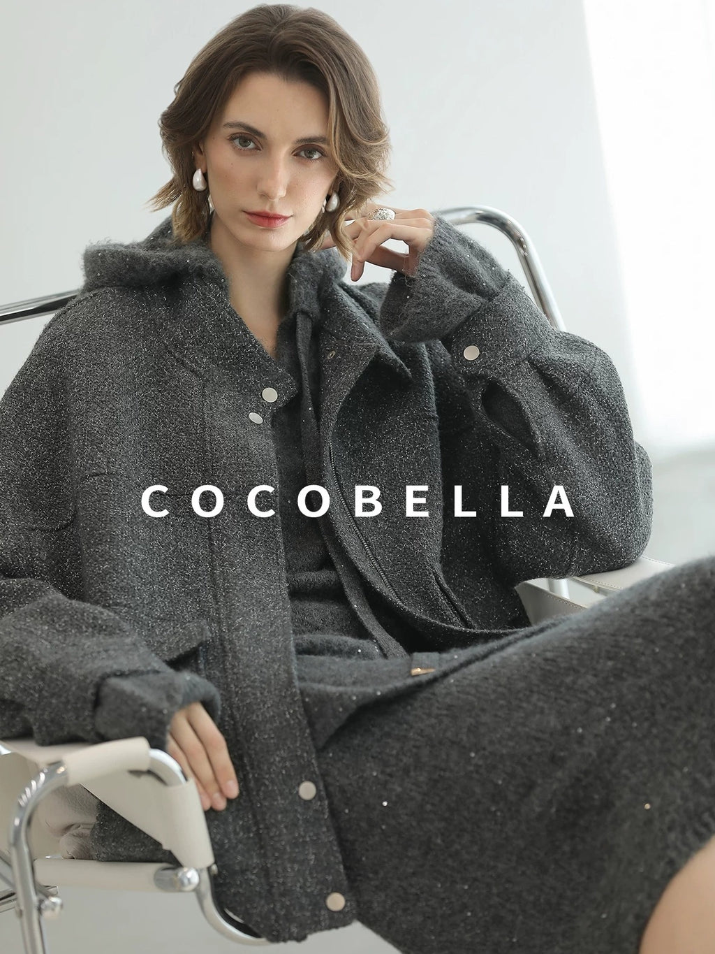 COCOBELLA Warm Lurex Zip Pockets Mid Length Straight Street Casual Women Wool Coats